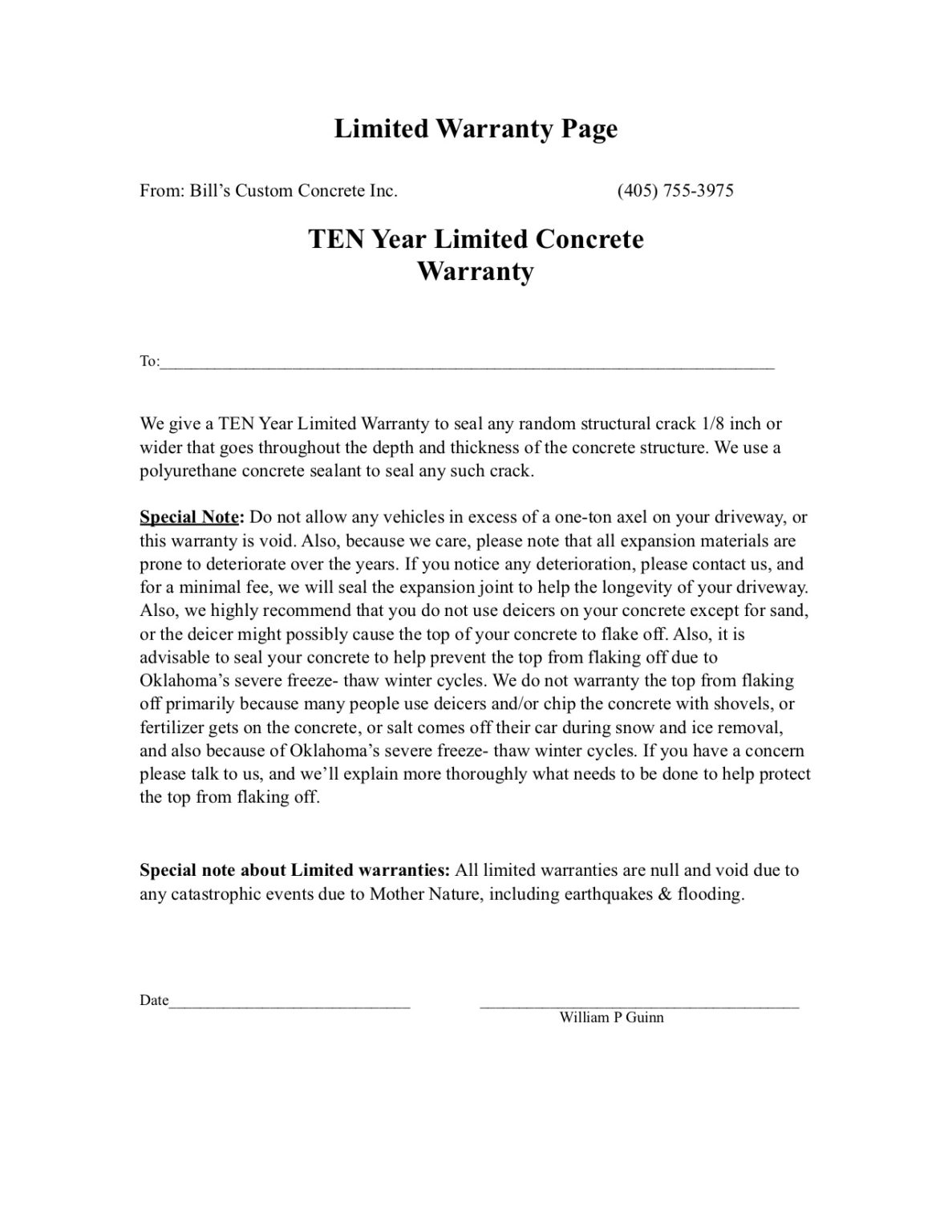 Warranty Bill's Custom Concrete Contractors OKC