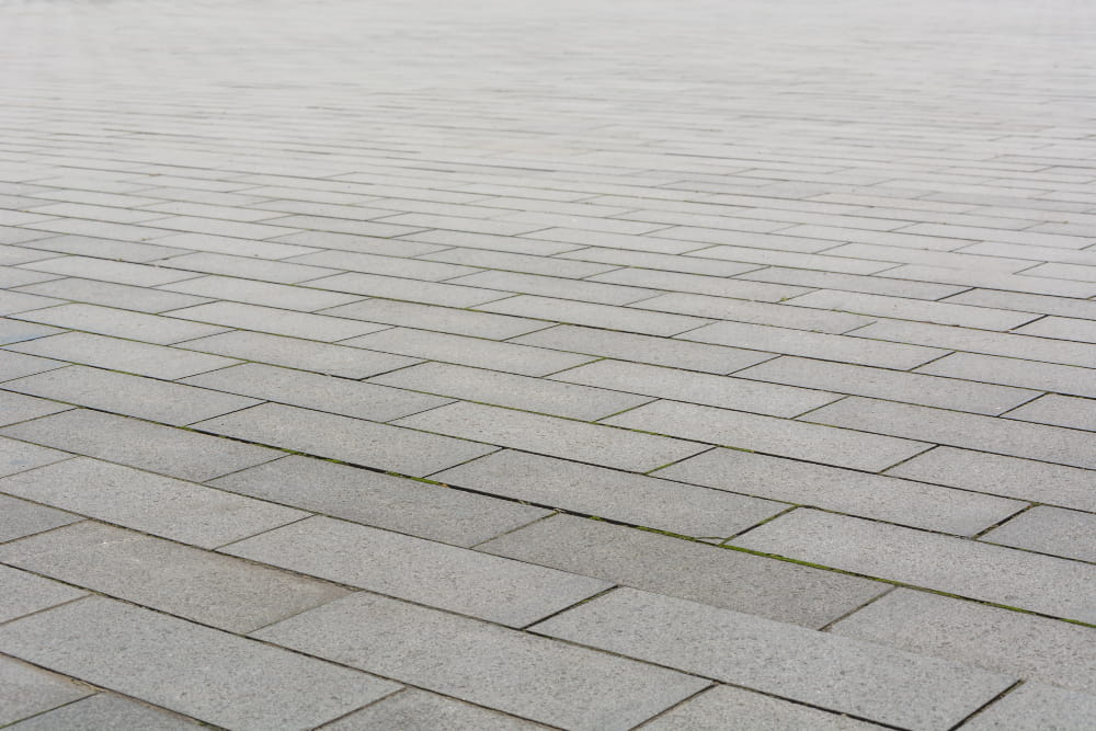 Gray stone tiles in a diagonal pattern with moss-lined edges, forming a calm and orderly surface.