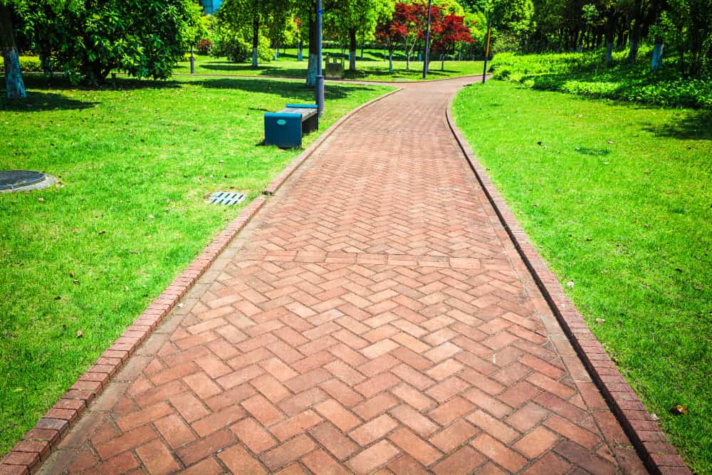 A brick path curves through a vibrant green park. Sunlight filters through lush trees, casting soft shadows.