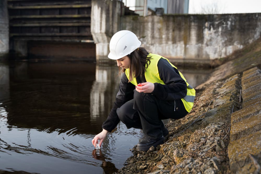 A woman in a hard hat and yellow safety vest crouches by a river, collecting a water sample in a vial.