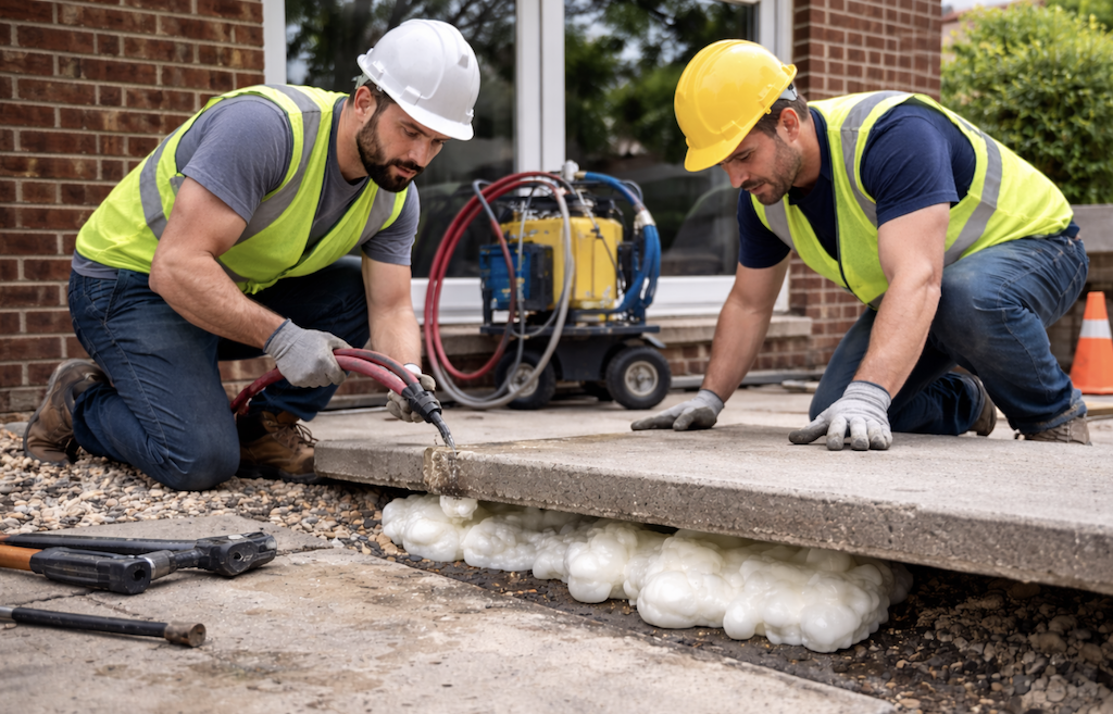 Professionals Fix a Sinking Concrete Slab
